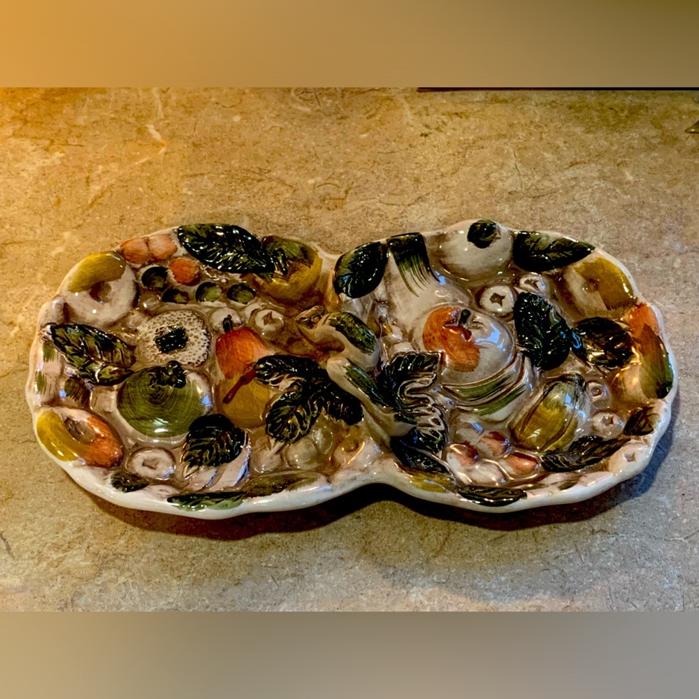vtg1950 lefton majolica like fruits of italy 9.5" handled tray